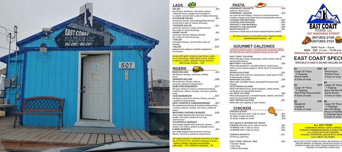 East Coast Pizzeria Menu